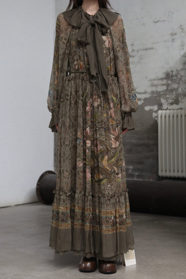 INTO THE EAST 25 Autumn/Winter Lotus Collar Silk Print Ribbon Dress ITE-E1DGAW016GR21DS-LV Green